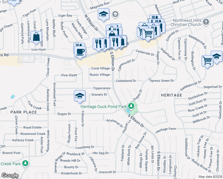 map of restaurants, bars, coffee shops, grocery stores, and more near 10305 Tippecanoe in San Antonio