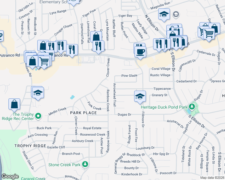 map of restaurants, bars, coffee shops, grocery stores, and more near 10247 Rainbow Creek in San Antonio