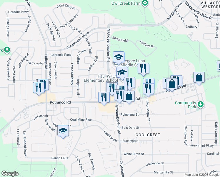 map of restaurants, bars, coffee shops, grocery stores, and more near 126 Quince Flower in San Antonio