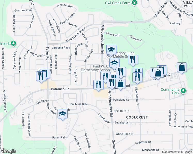 map of restaurants, bars, coffee shops, grocery stores, and more near 126 Quince Flower in San Antonio