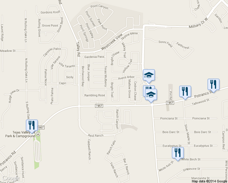 map of restaurants, bars, coffee shops, grocery stores, and more near 203 Bright Trail in San Antonio