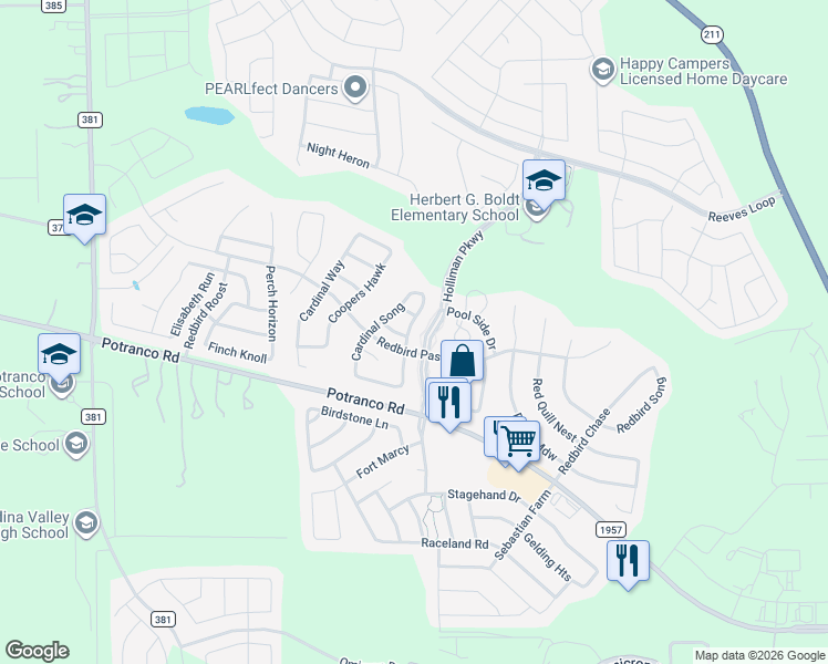 map of restaurants, bars, coffee shops, grocery stores, and more near 15303 Redbird Ledge in San Antonio