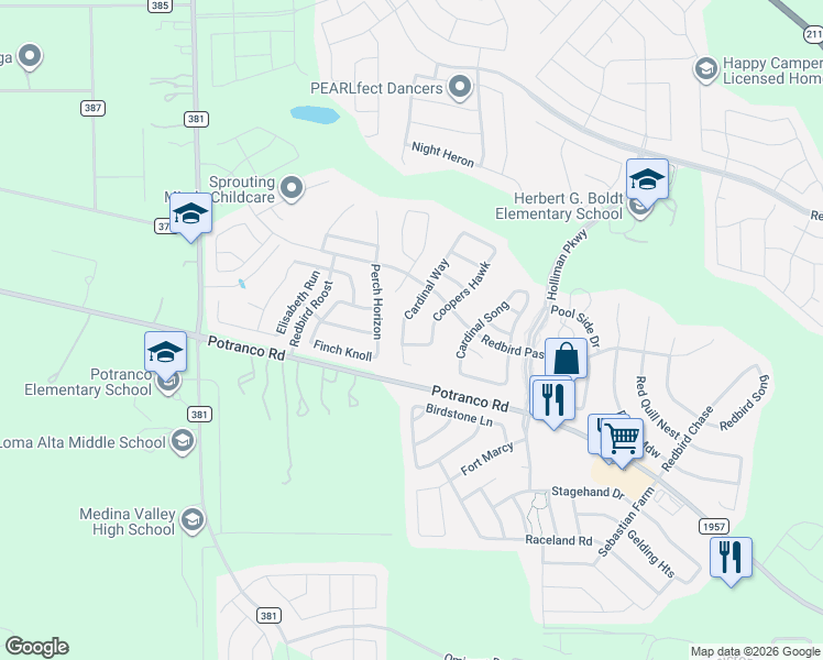 map of restaurants, bars, coffee shops, grocery stores, and more near 311 Cardinal Way in San Antonio