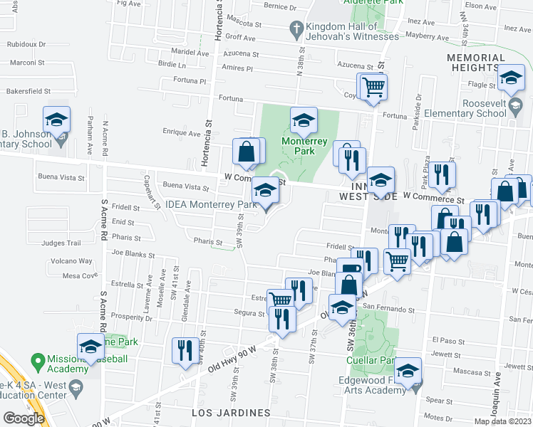 map of restaurants, bars, coffee shops, grocery stores, and more near 222 Southwest 39th Street in San Antonio