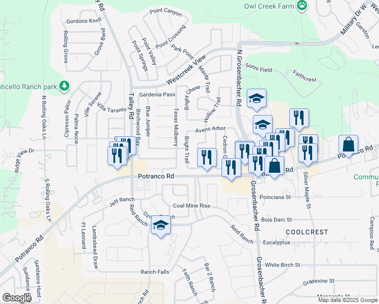 map of restaurants, bars, coffee shops, grocery stores, and more near 203 Bright Trail in San Antonio