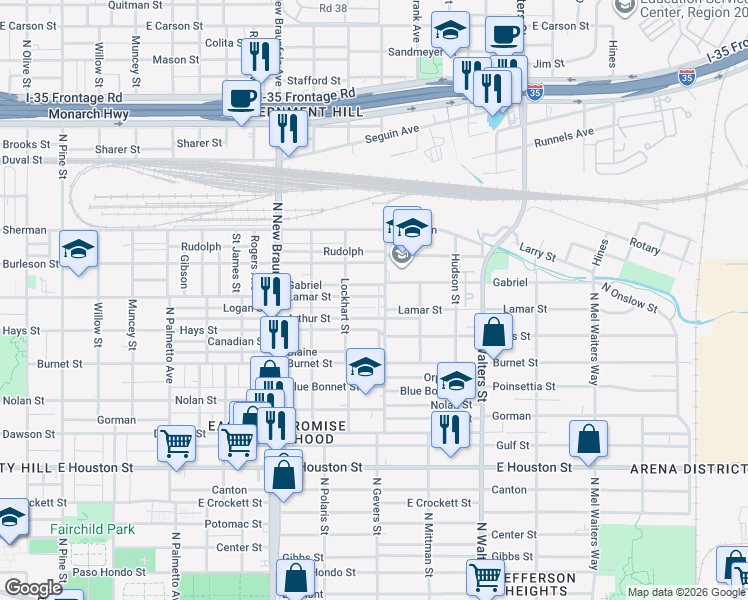 map of restaurants, bars, coffee shops, grocery stores, and more near 1536 Lamar Street in San Antonio