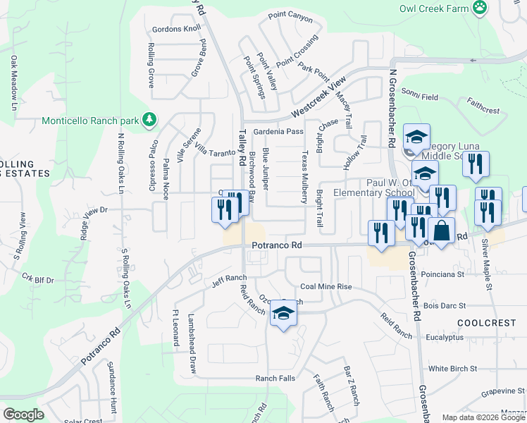 map of restaurants, bars, coffee shops, grocery stores, and more near 12736 Scarlet Sage in San Antonio