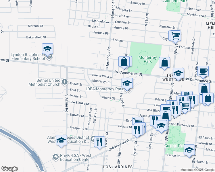map of restaurants, bars, coffee shops, grocery stores, and more near 4711 Fridell Street in San Antonio