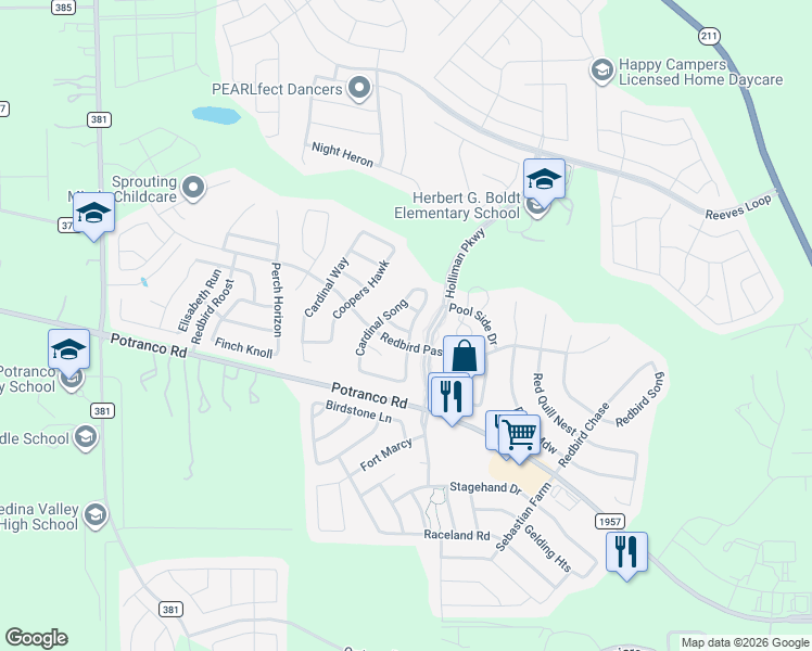 map of restaurants, bars, coffee shops, grocery stores, and more near 15303 Redbird Ledge in San Antonio