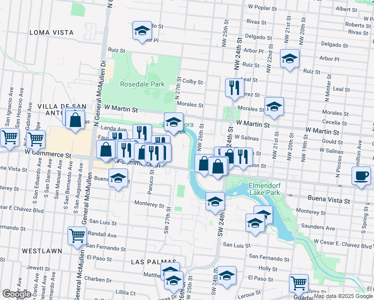 map of restaurants, bars, coffee shops, grocery stores, and more near 4243 West Commerce Street in San Antonio