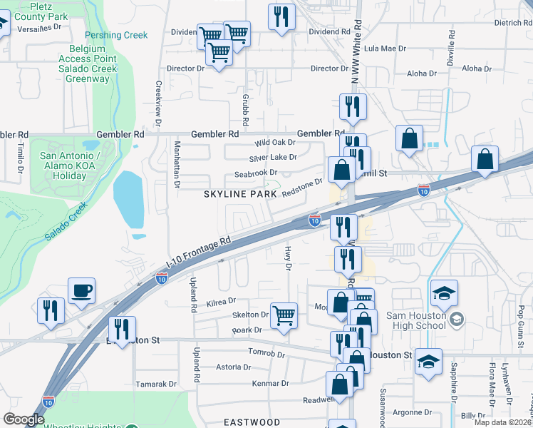 map of restaurants, bars, coffee shops, grocery stores, and more near 607 Green Valley Drive in San Antonio