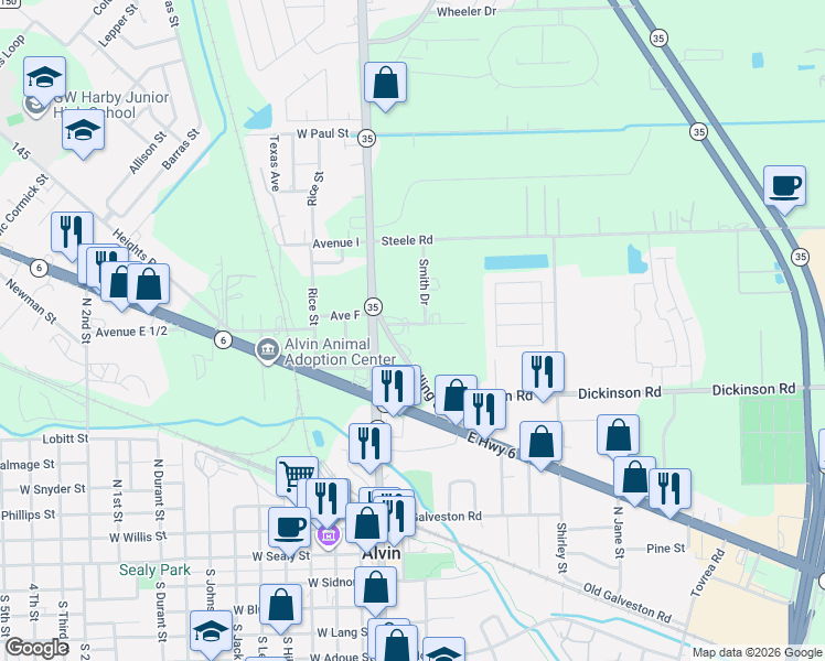 map of restaurants, bars, coffee shops, grocery stores, and more near 210 Medic Lane in Alvin