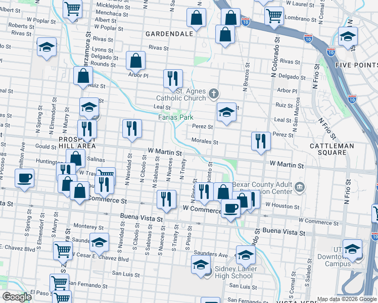 map of restaurants, bars, coffee shops, grocery stores, and more near 2219 West Martin Street in San Antonio