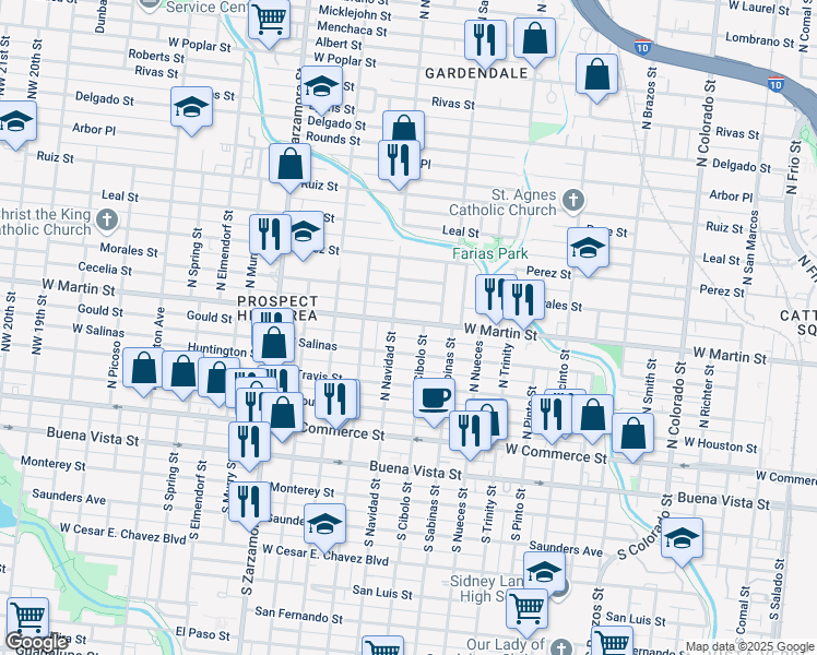 map of restaurants, bars, coffee shops, grocery stores, and more near 2618 West Martin Street in San Antonio