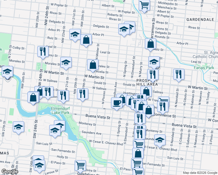 map of restaurants, bars, coffee shops, grocery stores, and more near 3323 West Salinas in San Antonio