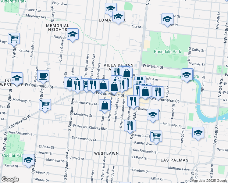 map of restaurants, bars, coffee shops, grocery stores, and more near 4951 West Commerce Street in San Antonio