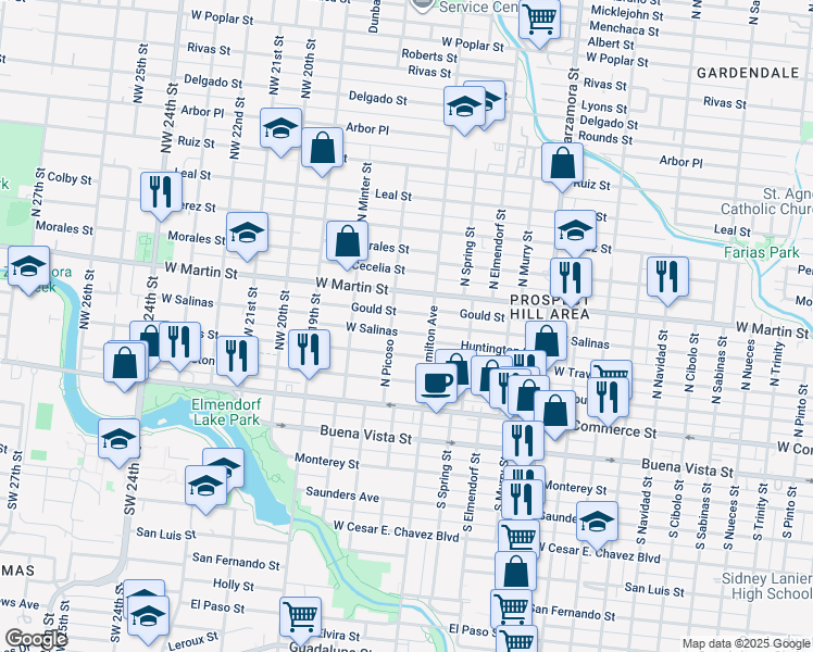 map of restaurants, bars, coffee shops, grocery stores, and more near 3323 West Salinas in San Antonio