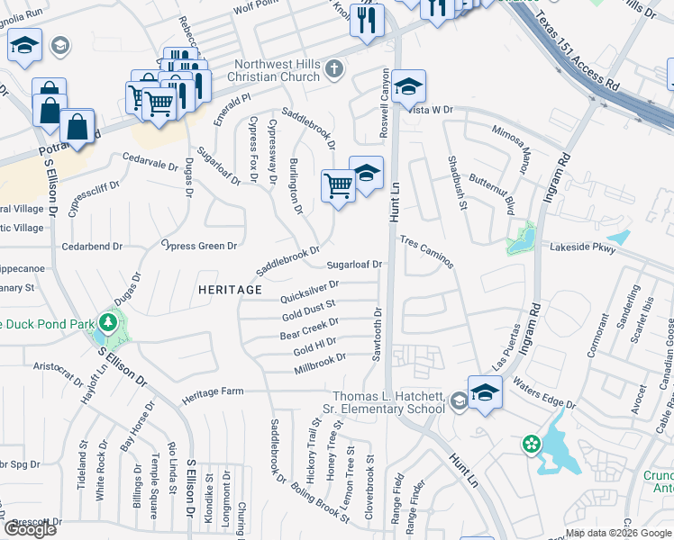 map of restaurants, bars, coffee shops, grocery stores, and more near 9522 Sugarloaf Drive in San Antonio