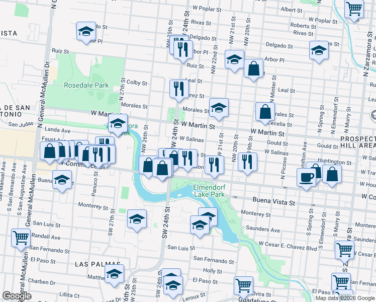 map of restaurants, bars, coffee shops, grocery stores, and more near 3903 West Travis Street in San Antonio