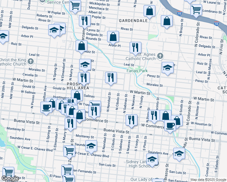 map of restaurants, bars, coffee shops, grocery stores, and more near 2618 West Martin Street in San Antonio