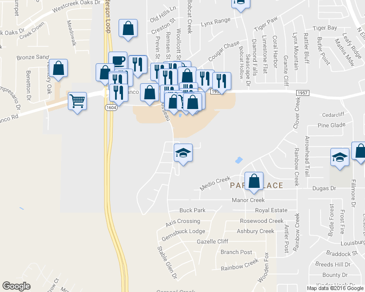 map of restaurants, bars, coffee shops, grocery stores, and more near 10757 Impala Springs in San Antonio