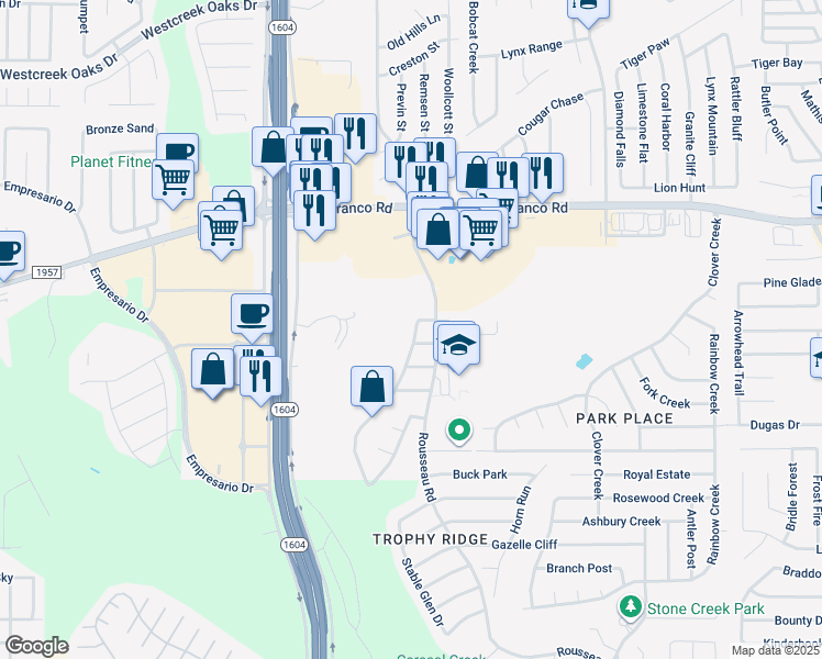 map of restaurants, bars, coffee shops, grocery stores, and more near 231 Willow Grove Drive in San Antonio