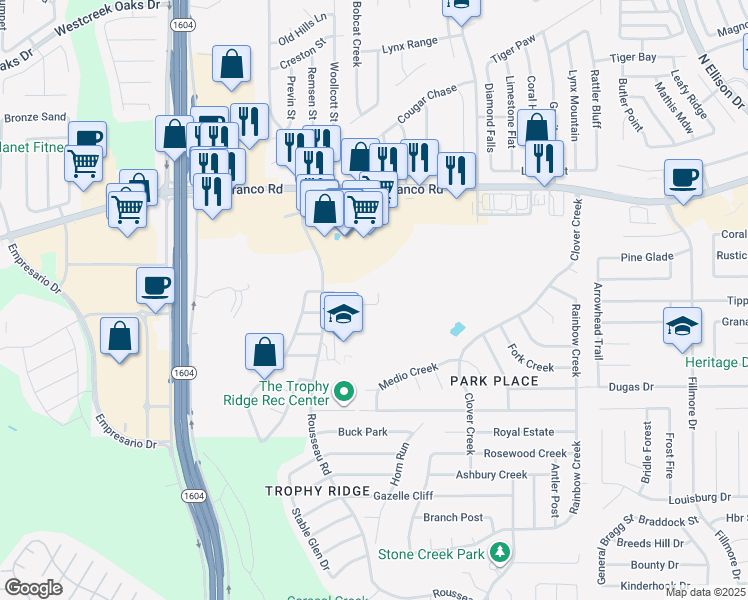 map of restaurants, bars, coffee shops, grocery stores, and more near 115 Gazelle Hunt in San Antonio
