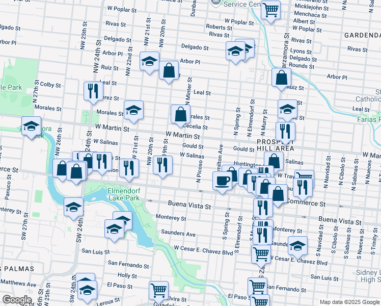map of restaurants, bars, coffee shops, grocery stores, and more near 3421 West Salinas in San Antonio