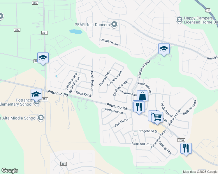 map of restaurants, bars, coffee shops, grocery stores, and more near 222 Coopers Hawk in San Antonio