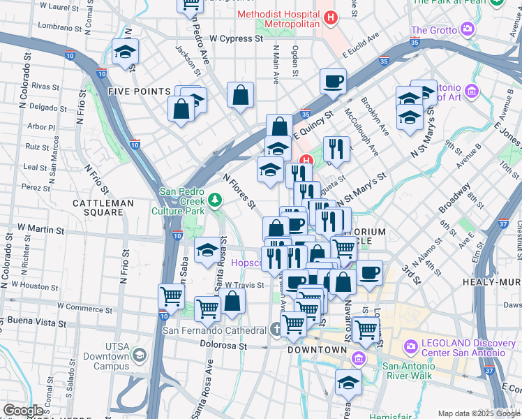 map of restaurants, bars, coffee shops, grocery stores, and more near 569-635 North Main Avenue in San Antonio