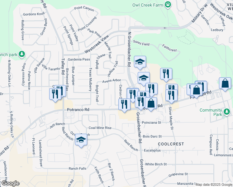 map of restaurants, bars, coffee shops, grocery stores, and more near 226 Mallow Grove in San Antonio