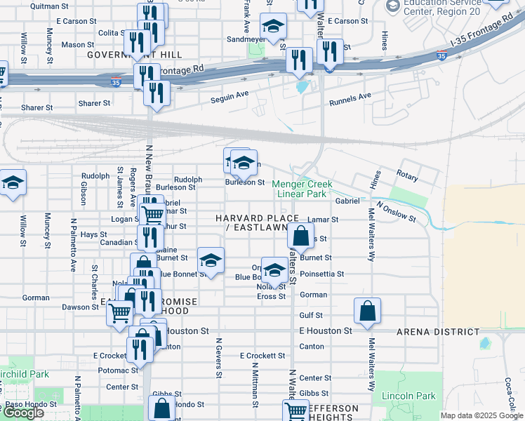 map of restaurants, bars, coffee shops, grocery stores, and more near 219 Ira Aldridge Place in San Antonio
