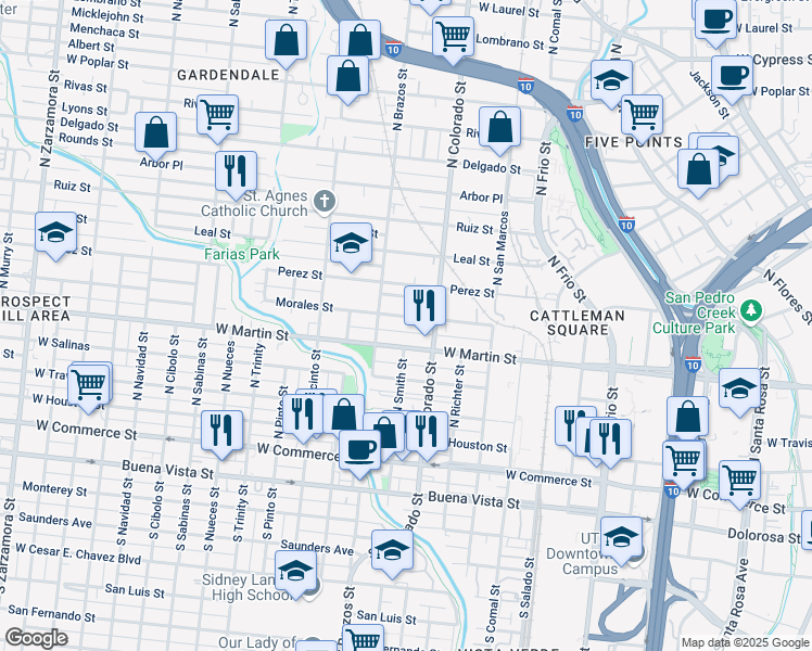map of restaurants, bars, coffee shops, grocery stores, and more near 1110 Morales Street in San Antonio