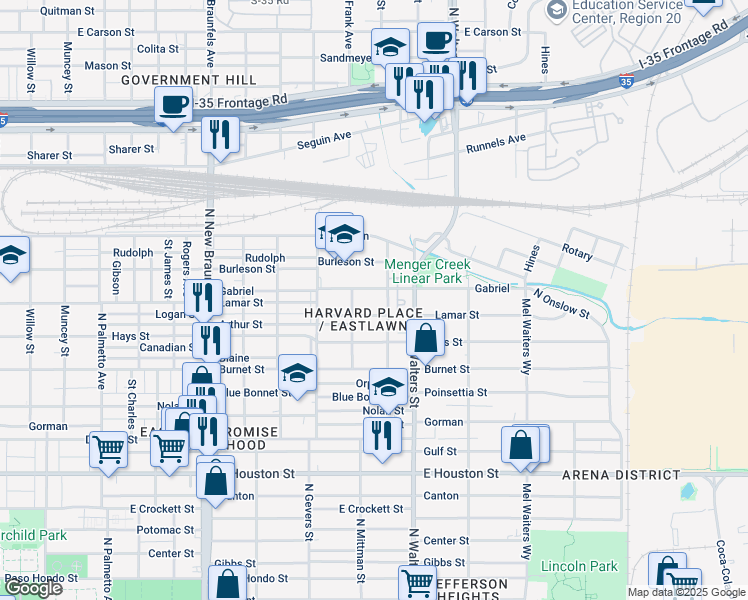 map of restaurants, bars, coffee shops, grocery stores, and more near 219 Ira Aldridge Place in San Antonio