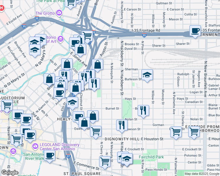 map of restaurants, bars, coffee shops, grocery stores, and more near 901 North Mesquite Street in San Antonio