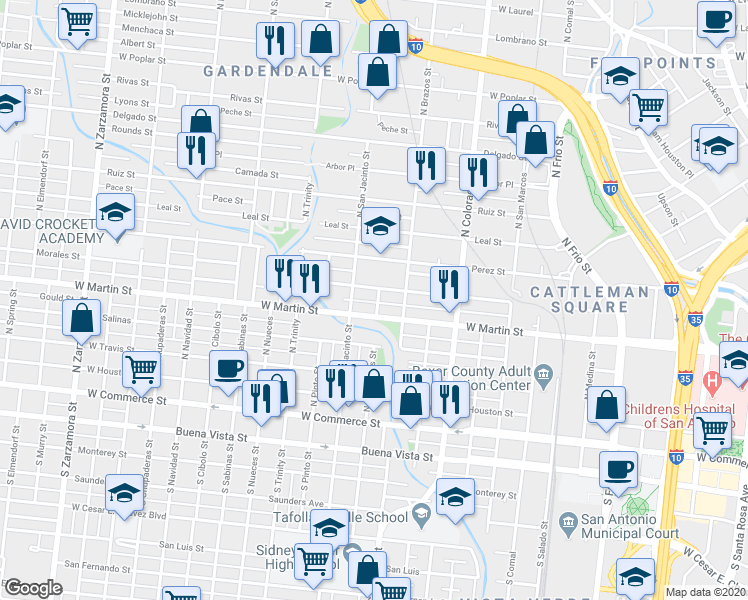 map of restaurants, bars, coffee shops, grocery stores, and more near 511 North Las Moras Street in San Antonio