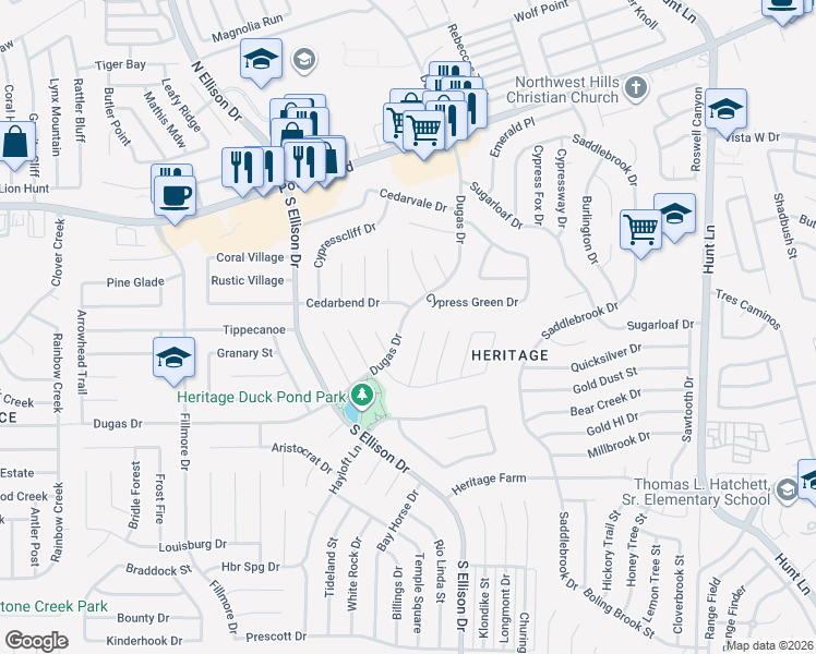 map of restaurants, bars, coffee shops, grocery stores, and more near 9806 Dugas Drive in San Antonio