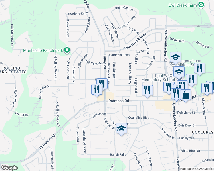 map of restaurants, bars, coffee shops, grocery stores, and more near 127 Birchwood Bay in San Antonio