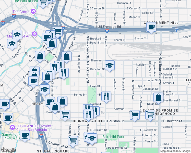 map of restaurants, bars, coffee shops, grocery stores, and more near 535 Lamar Street in San Antonio