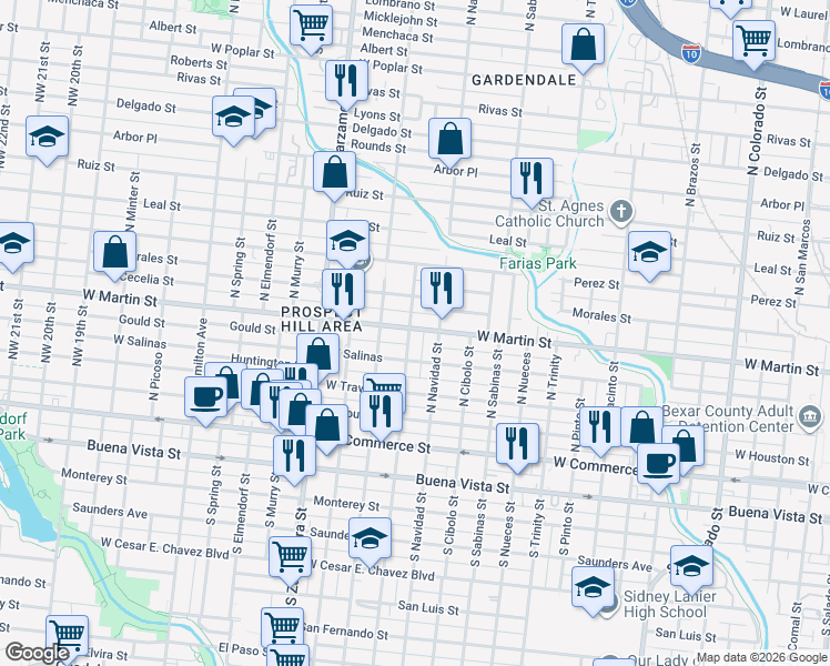 map of restaurants, bars, coffee shops, grocery stores, and more near 424 North Chupaderas Street in San Antonio