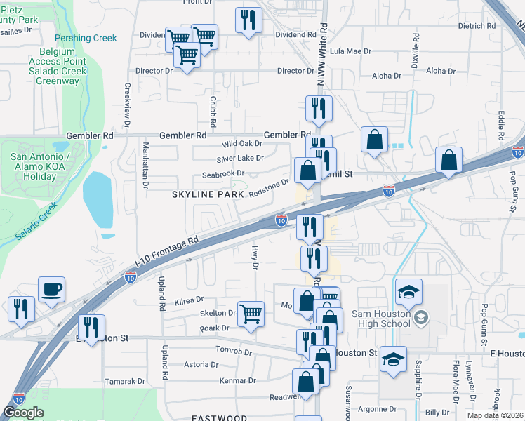 map of restaurants, bars, coffee shops, grocery stores, and more near 4326 Spring Oak Drive in San Antonio