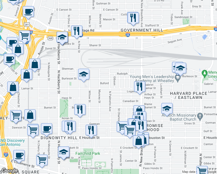 map of restaurants, bars, coffee shops, grocery stores, and more near 933 Lamar Street in San Antonio