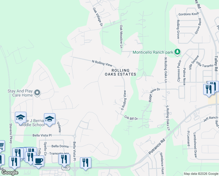map of restaurants, bars, coffee shops, grocery stores, and more near 13420 Rolling Path in San Antonio
