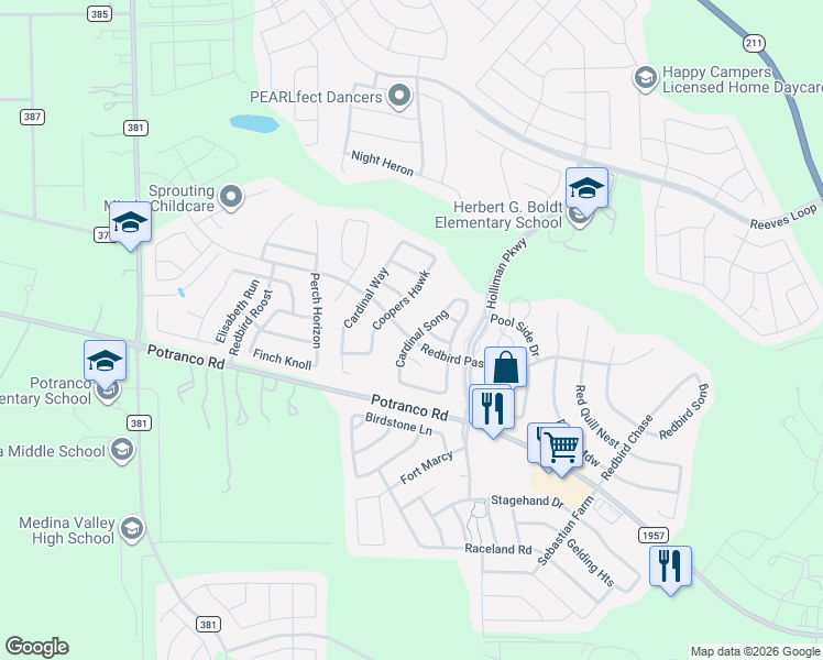 map of restaurants, bars, coffee shops, grocery stores, and more near 247 Cardinal Song in San Antonio
