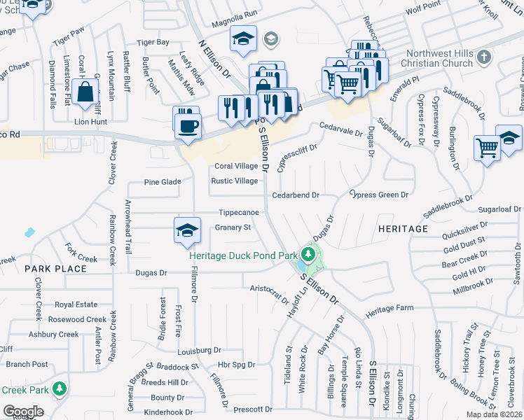 map of restaurants, bars, coffee shops, grocery stores, and more near 10305 Tippecanoe in San Antonio