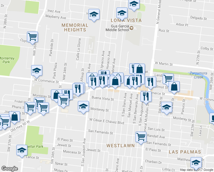 map of restaurants, bars, coffee shops, grocery stores, and more near 5035 West Commerce Street in San Antonio