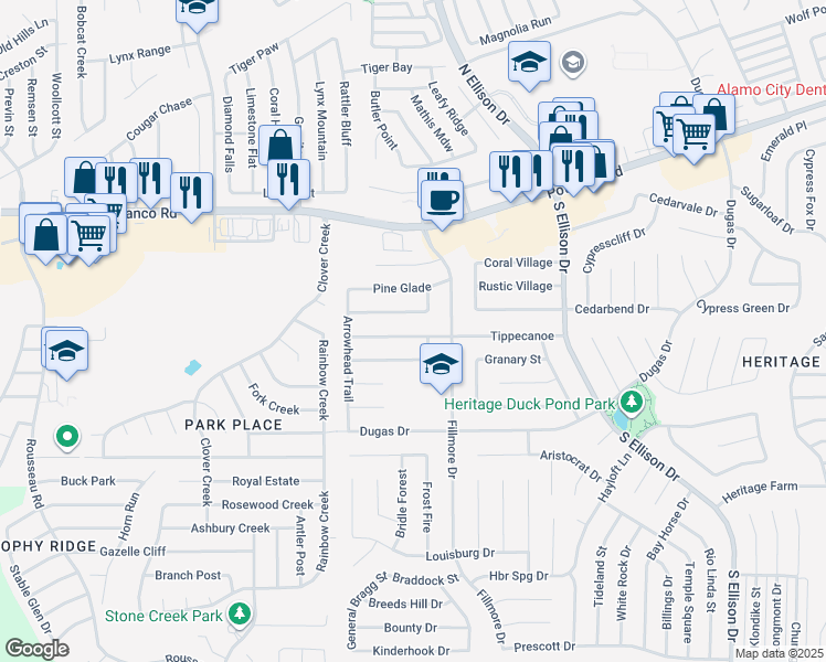 map of restaurants, bars, coffee shops, grocery stores, and more near 10435 Tippecanoe in San Antonio