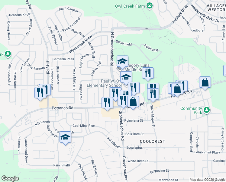 map of restaurants, bars, coffee shops, grocery stores, and more near 126 Quince Flower in San Antonio