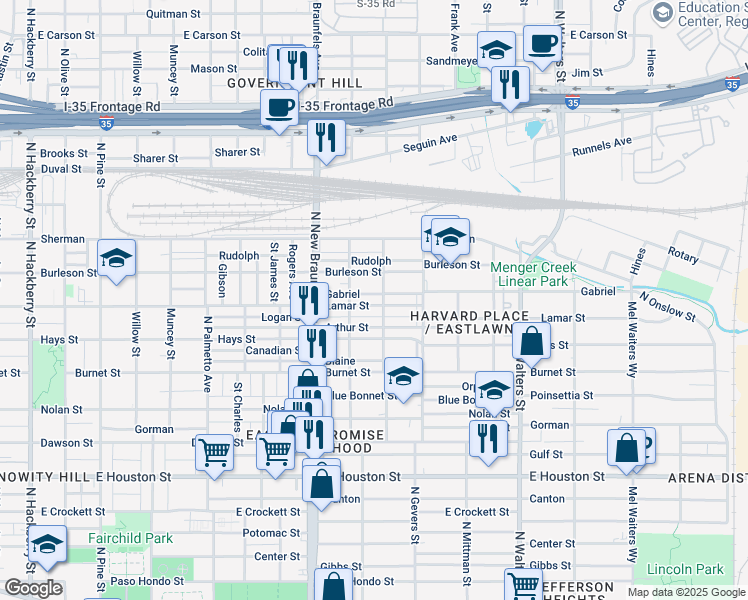 map of restaurants, bars, coffee shops, grocery stores, and more near 1431 Lamar Street in San Antonio