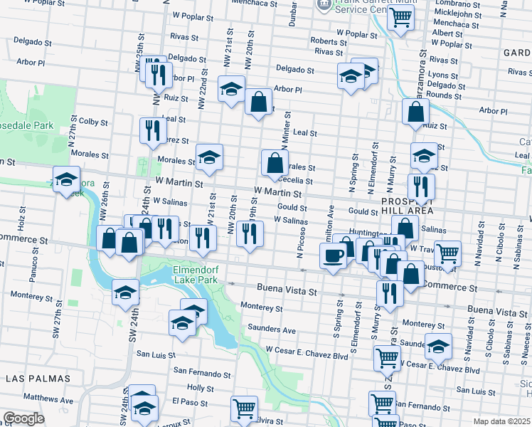 map of restaurants, bars, coffee shops, grocery stores, and more near 3515 West Salinas in San Antonio